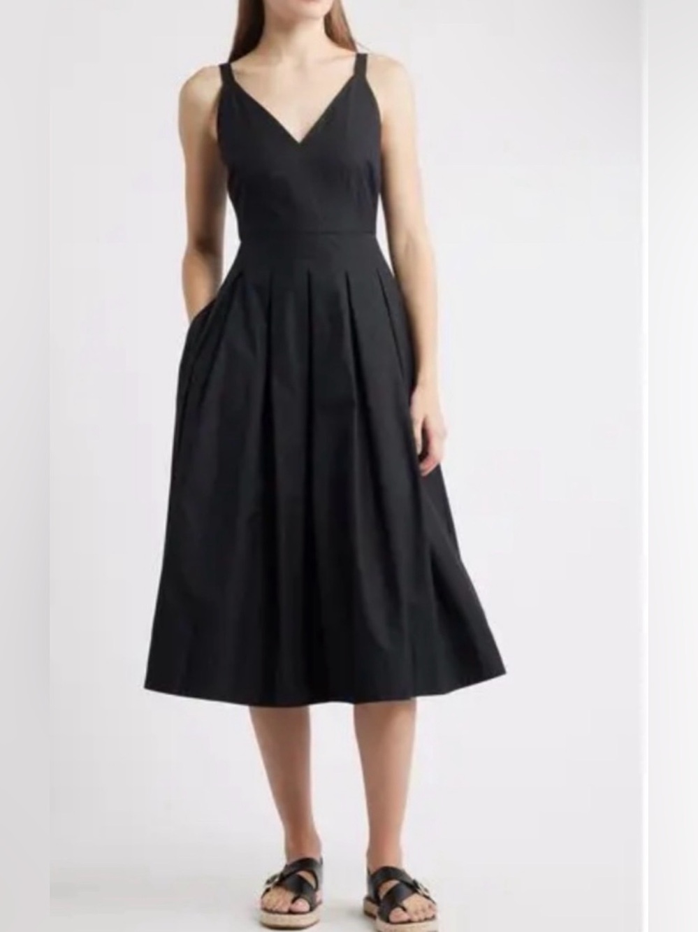 Alex Mill Abby 100% Cotton Poplin Black Midi Dress A line flare V neck EUC